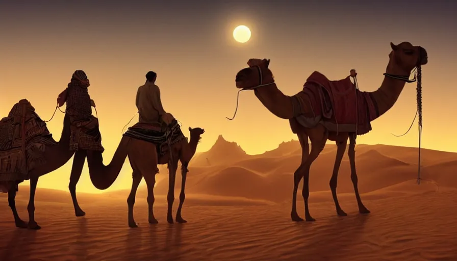 Prompt: bedouin walking with his camel in the desert. The bedouin is pointing his finger towards the full moon, backlit, artstation, digital art, highly detailed