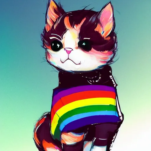 Image similar to wide angle full body, jacket wearing fluffy cute rainbow kitten wearing a black leather motorcycle jacket, concept art