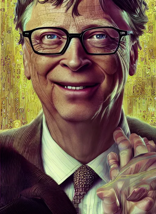 Prompt: bill gates, hyper detailed, digital art, trending in artstation, cinematic lighting, studio quality, smooth render, unreal engine 5 rendered, octane rendered, art style by klimt and nixeu and ian sprigger and wlop and krenz cushart.