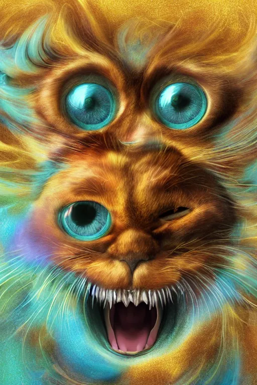 Image similar to Recursive image with a well rounded Calico feline, large eyes, shiny soft fur, anatomically correct, surrounded by mirroring swirling wisps of jelly, oil pastels and gold, in the style of Katsuhiro Otomo, modeled in Poser, Redshift render, UHD