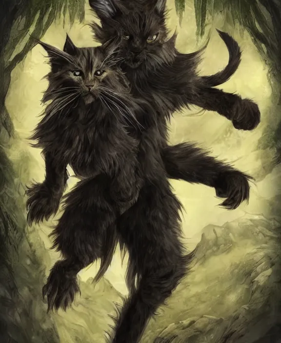 Image similar to humanoid male khajiit rogue, mainecoon cat features with black fur, far - mid shot, wearing leather armor, magic the gathering, fantasy