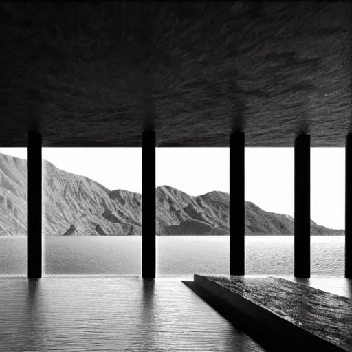 Image similar to a black and white photo of a room with green water, a detailed matte painting by peter zumthor, behance, abstract art, matte painting, behance hd, matte background