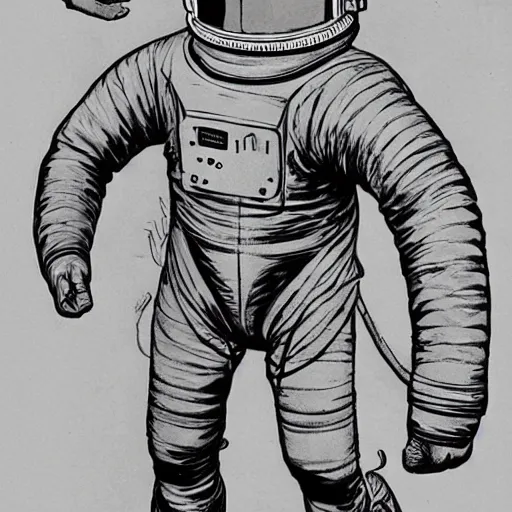 Image similar to astronaut suit concept art, full body, realistic, by wally wood and moebius