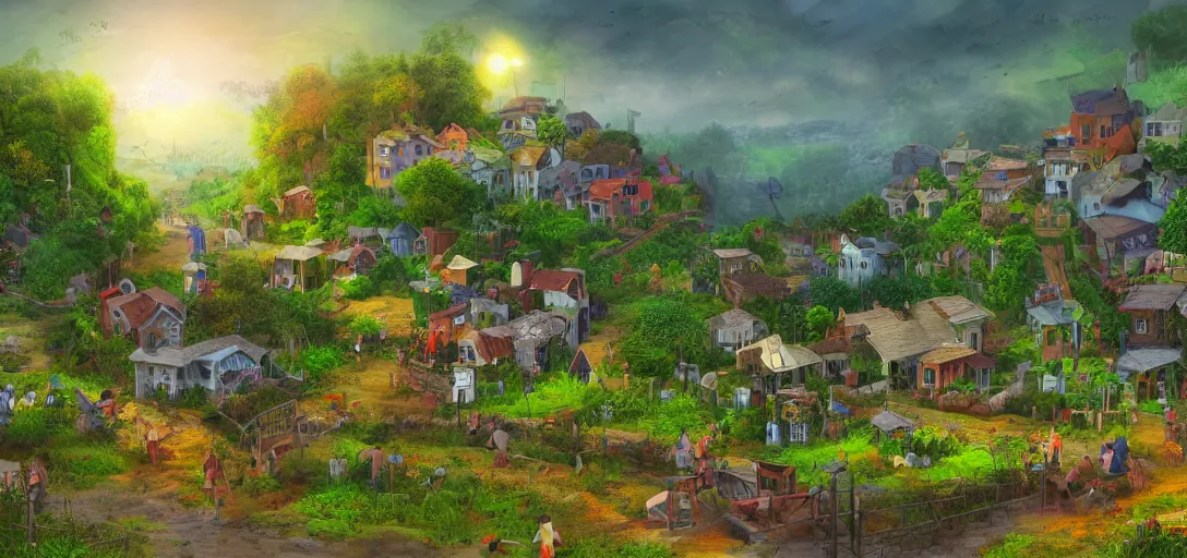 Prompt: Look of a village powered by solar power and sustainability, full daylight, morning, cartoon moody scene, digital art, 8k, colorful details of lush nature covering the streets