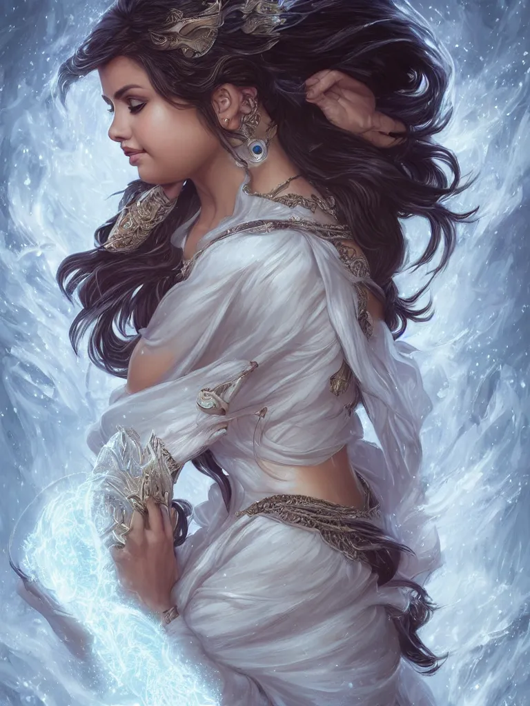 Image similar to Selena Gomez casting an frost spell, D&D, fantasy, intricate, elegant, highly detailed, digital painting, artstation, concept art, matte, sharp focus, illustration, hearthstone, art by Artgerm and Greg Rutkowski and Alphonse Mucha