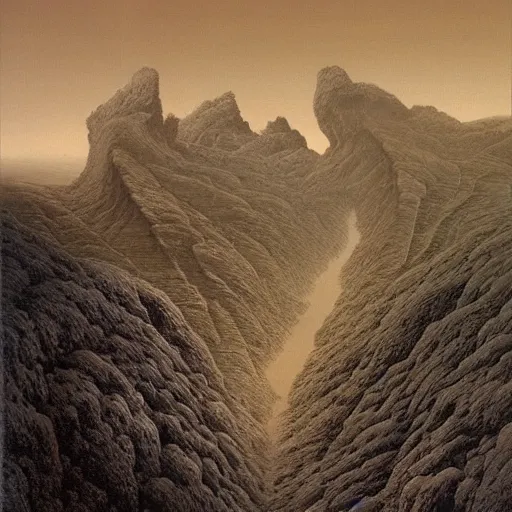 Image similar to A Landscape by Zdzisław Beksiński and Jim Burns