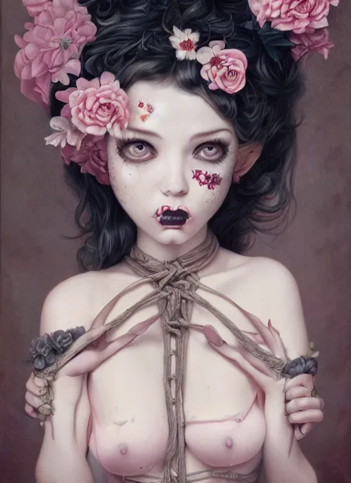 Image similar to pop surrealism, lowbrow art, realistic seductive cute woman painting, body harness, japanese shibari with flowers, hyper realism, muted colours, rococo, natalie shau, loreta lux, tom bagshaw, mark ryden, trevor brown style,