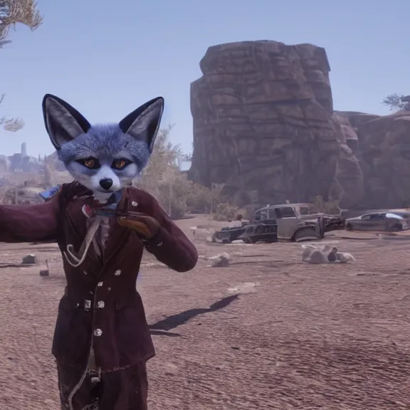 Prompt: a blue fennec fox furry in a fursuit in red dead redemption 1 shooting himself