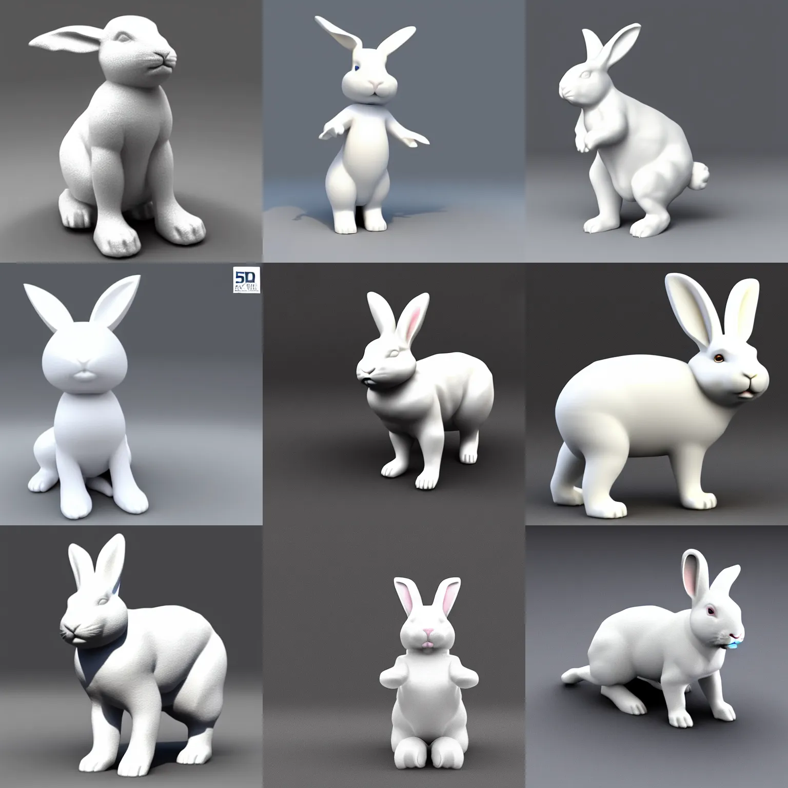 Prompt: clean 3 d model of a pure white rabbit standing on its hind legs, pure black empty background, 4 5 degrees horizontal view angle