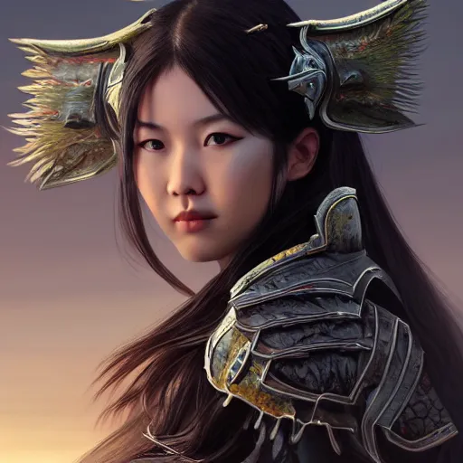 Prompt: a portrait of a full body beautiful asian girl, young with long hair, in monster hunter armor, horror scene, hyper - realistic, very detailed, intricate, very sexy pose, slight smile expression, unreal engine, by artgerm, wlop and ross thran, dramatic cinematic lighting rendered by octane, 8 k, detailed