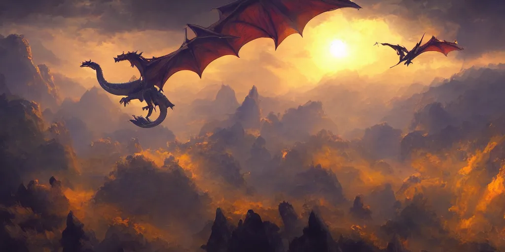 Prompt: fantasy dragons flying in the sunset sky, painterly art, craig mullins, award winning design, beautiful composition, artstation, dreadjim