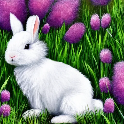 Prompt: cute fluffy white lop eared bunny rabbit sitting in meadow of spring flowers detailed painting 4k