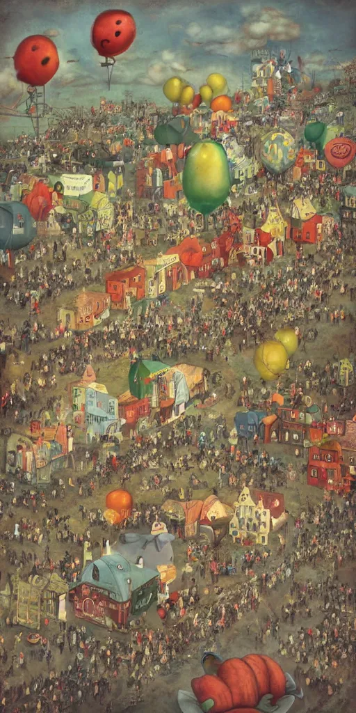 Prompt: a vintage thanksgiving day parade with huge balloons by alexander jansson and where's waldo