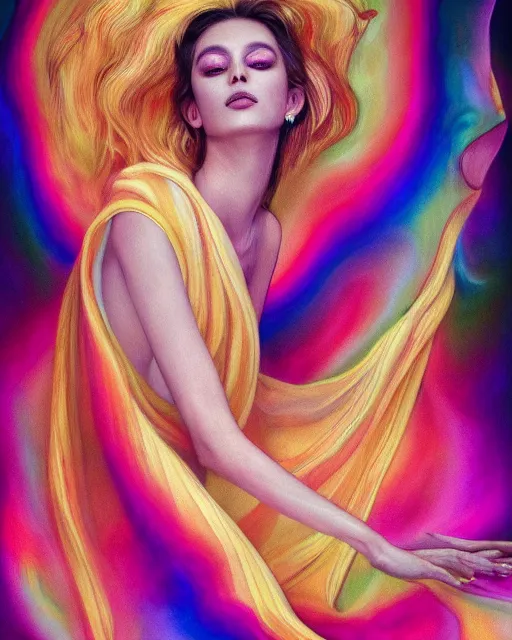 Image similar to realistic portrait of celestial being in silky clothes, psychedelic, light, glory, golden, delicate, hyper realism, ultra realistic, 8 k