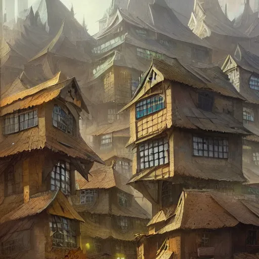 Image similar to buildings had built from stone blocks, with tile roofs, and simple, peaked wooden roofs. the structures were packed closely together, making them seem squat. the tenements and shops were uniform in appearance ; by peter mohrbacher