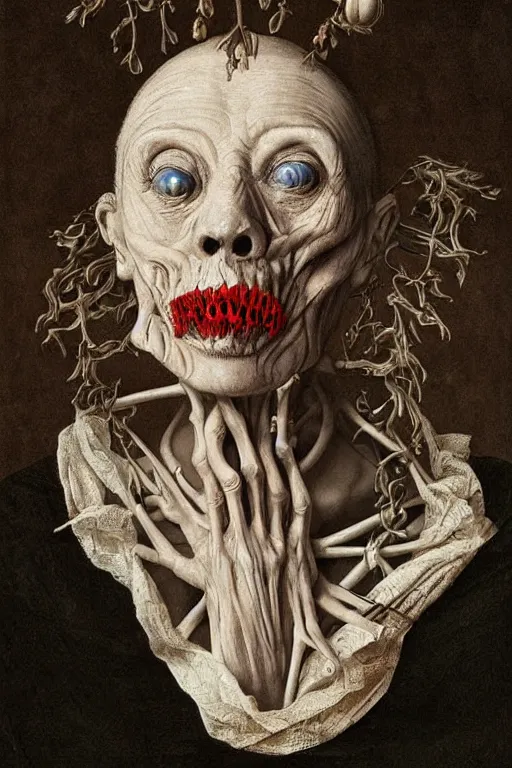 Prompt: Detailed maximalist portrait of an old woman with large lips and eyes, scared, botanical skeletal with extra flesh, HD mixed media, 3D collage, highly detailed and intricate, surreal illustration in the style of Caravaggio, dark art, baroque