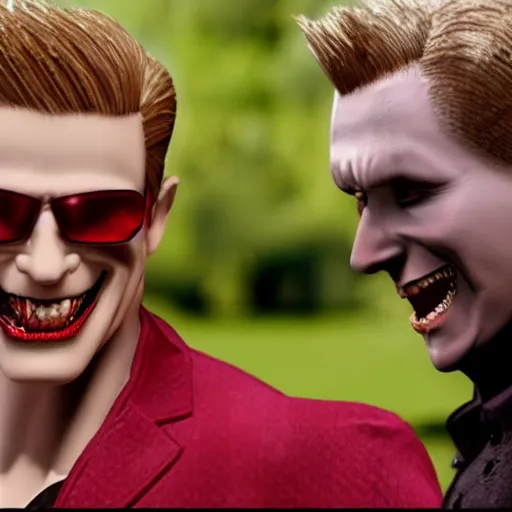 Image similar to albert wesker smiling with vampire fangs, it's morb time