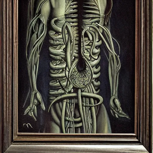 Prompt: a painting of the caduceus by h. r. giger