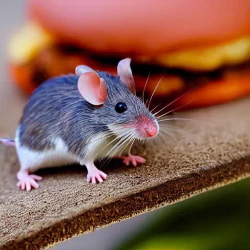 Image similar to a mouse sitting on the top of a hamburger, hyper realistic, macro photo, very detailed
