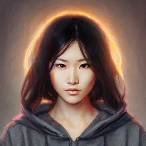 Image similar to asian lightning goddess, lifelike, portrait, wearing a hoodie and modern clothing, looking at viewer, highly detailed, digital painting, artstation, concept art, sharp focus, illustration, cinematic lighting, art by artgerm and greg rutkowski and alphonse mucha