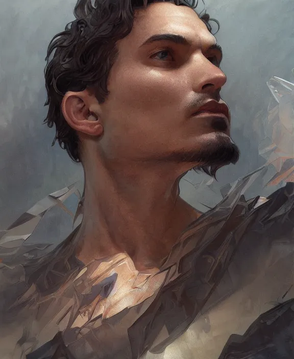 Image similar to portrait close up of man look at the camera in symmetry. concentrated look, symmetry, with an explosion on the back, d & d, fantasy, intricate, elegant, highly detailed, digital painting, artstation, concept art, art by artgerm and greg rutkowski and alphonse mucha, boris vallejo