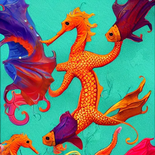 Prompt: merfolk riding seahorses, trending on artstation, colorful, intricate, art by senjon 津