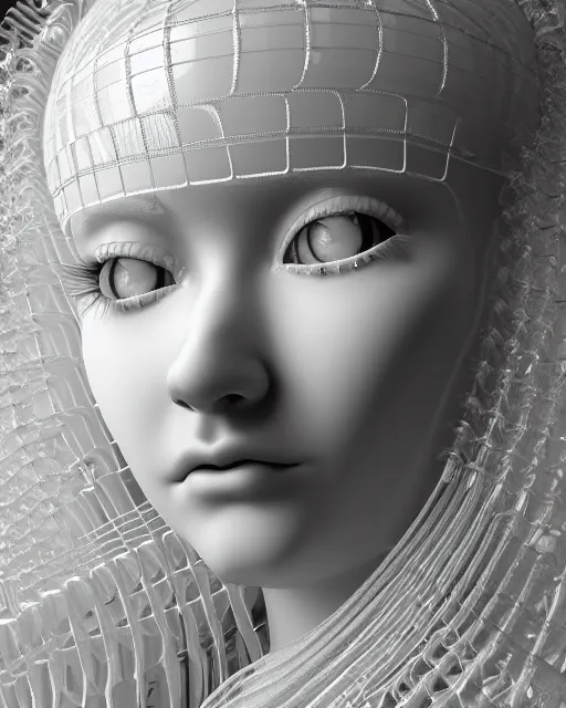 Image similar to mythical dreamy black and white organic translucent bio-mechanical spinal ribbed profile face portrait detail of mechanical beautiful female angelic-snowy-human-doll, highly detailed, intricate crystal jelly steampunk ornate, poetic, 3D render, digital art, octane render, 8K artistic photography, photo-realistic, by Dora Maar