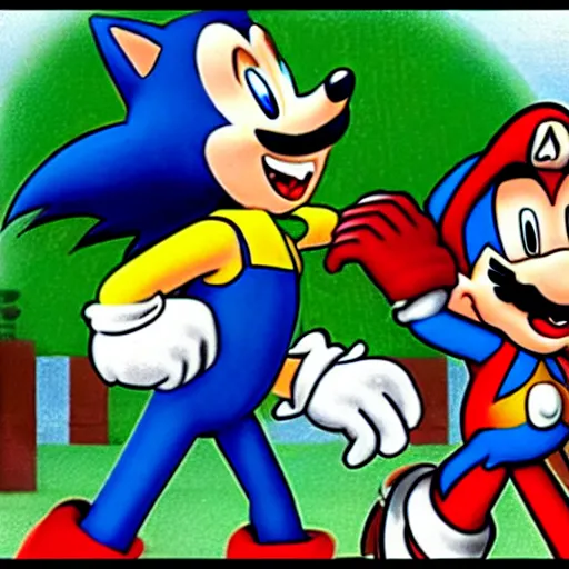 Image similar to 1940s disney film about super mario and sonic the hedgehog