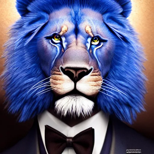 Prompt: a studio photograph of a blue lion wearing a tuxedo suit,professional photography,studio lighting,studio photo,professional lighting,3 point lighting,dramatic,4k,detailed face,hyperdetailed,photorealistic,digital art,ultra realistic,ultra detailed,art by greg rutkowski