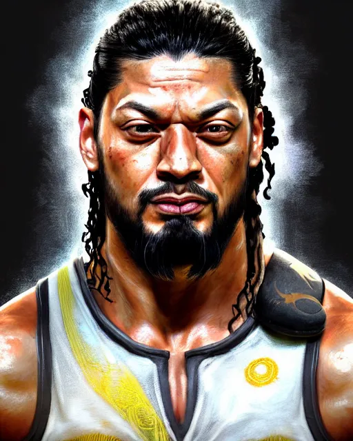 Prompt: face portrait of roman reigns as a muscular stephen curry, wearing a haori, by wlop and peter mohrbacher, dramatic action pose, extremely detailed shading, concept art, digital painting, trending on artstation, unreal engine 5, octane render, atmosphere, glow, cinematic lighting, full of color