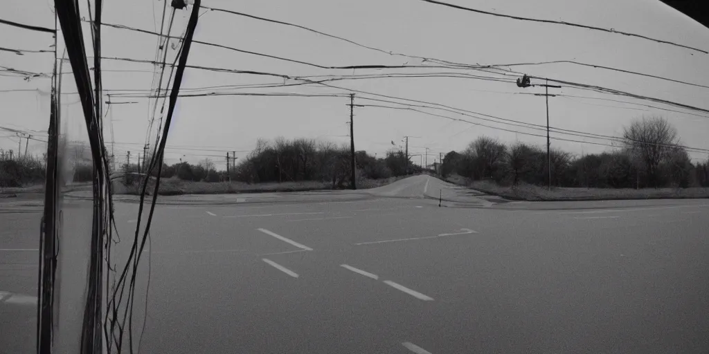 Prompt: telephone wires out of a bus window, leica, 2 4 mm lens, cinematic screenshot from the 2 0 0 1 surrealist film directed by charlie kaufman, kodak color film stock, f / 2 2, 2 4 mm wide angle anamorphic