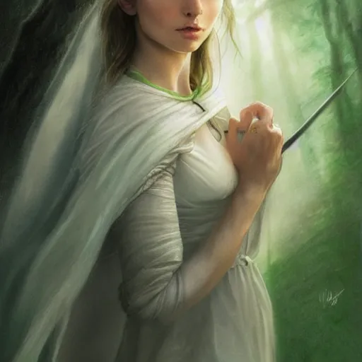 Prompt: Timothy Chalamet as Galadriel, ethereal, half-body portrait, Lord of the Rings, fantasy, portrait, highly detailed, digital painting, artstation, concept art, sharp focus, illustration, art by artgerm and greg rutkowski and magali villeneuve, white and green color scheme