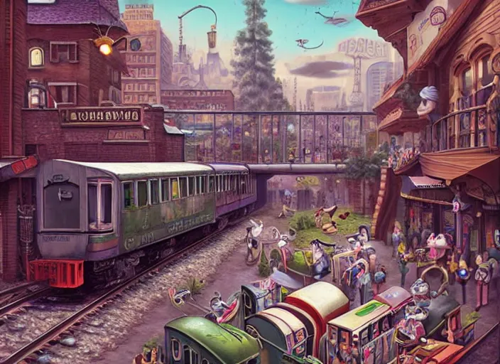 Image similar to 🛤🚞🧳👴🏼, lowbrow, matte painting, 3 - d highly detailed, in the style of mark ryden,