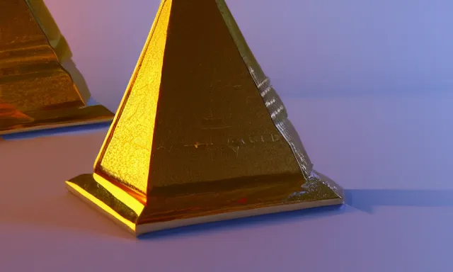 Image similar to gold statue, pyramid, neon lighting, tumblr, 3 d render, 8 k, octane render, cycles render, unreal engine