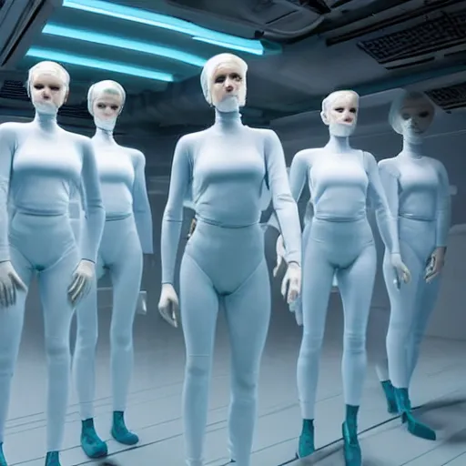 Prompt: troop of cloned women with white bob hairdos, tight light blue neopren suits, futuristic production facility, sci - fi, highly detailed, cinematic