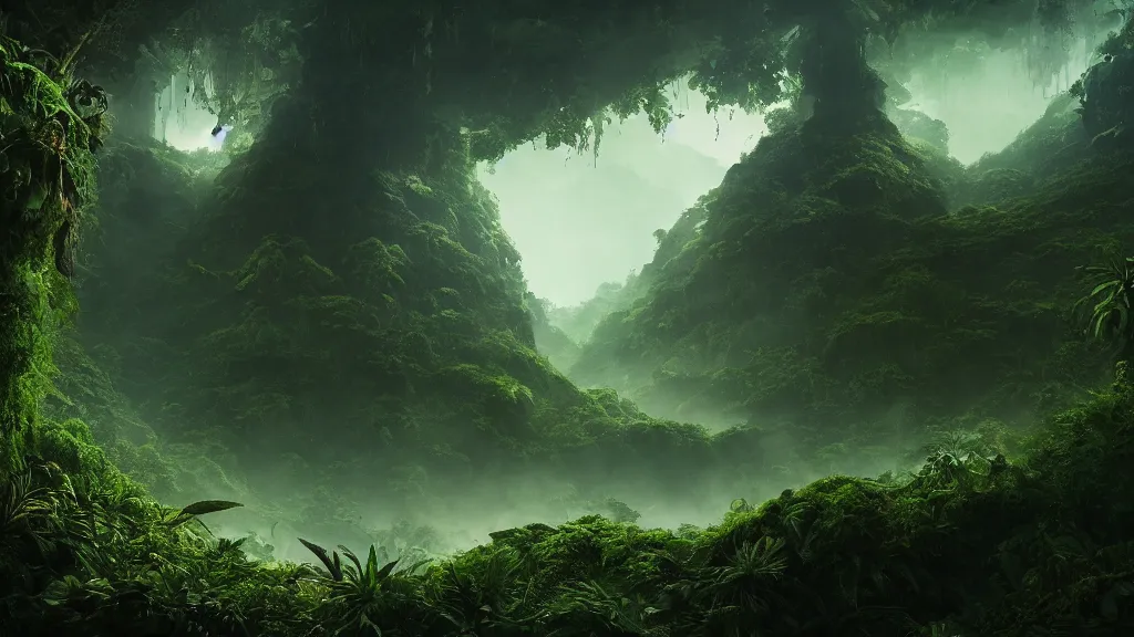Prompt: deep jungle from another world, beautiful jungle landscape, dramatic lighting, lava river, cinematic, establishing shot, extremly high detail, photorealistic, cinematic lighting, post processed, concept art, artstation, matte painting, style by greg rutkowsky