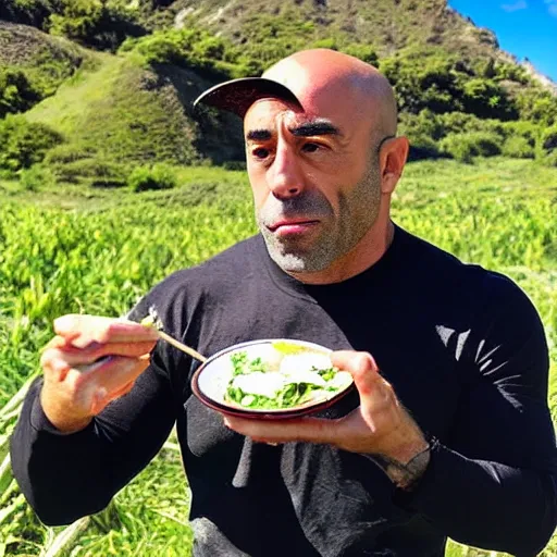 Image similar to joe rogan eating sushi on a sunny day in a field