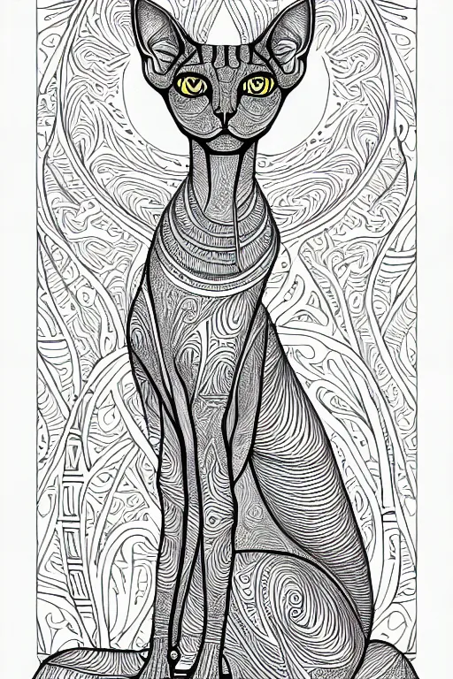 Image similar to sphynx cat egypt cat statue ornate luxury fractal ink drawing line art colouring page, vector, margins, fine lines, centered