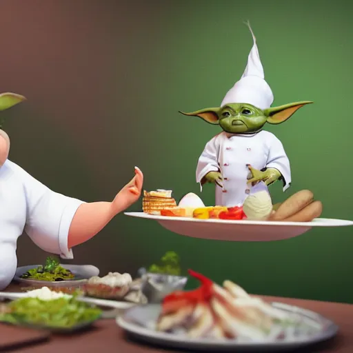 Image similar to curious mouth agape innocent tiny overweight chubby baby yoda as chef wearing white chefs hat and white apron, offering a plate of food, vegetables, photography, hyperrealism, unreal engine, octane 3 d render, houdini, unity 3 d, highres, adobe premier pro, trending on artstation, trending on deviantart, thisistheway
