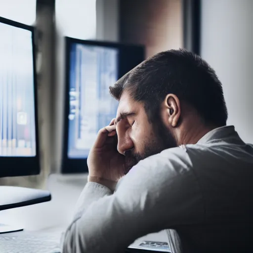 Image similar to detailed photorealistic a man sitting while crying because stuck in front of his computer because programming. bokeh and cinematic