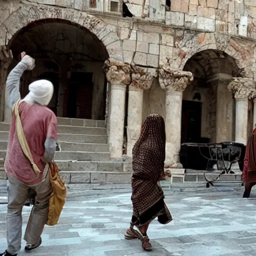 Prompt: scene from a 2 0 1 0 film set in ancient constantinople showing a woman catching a tram