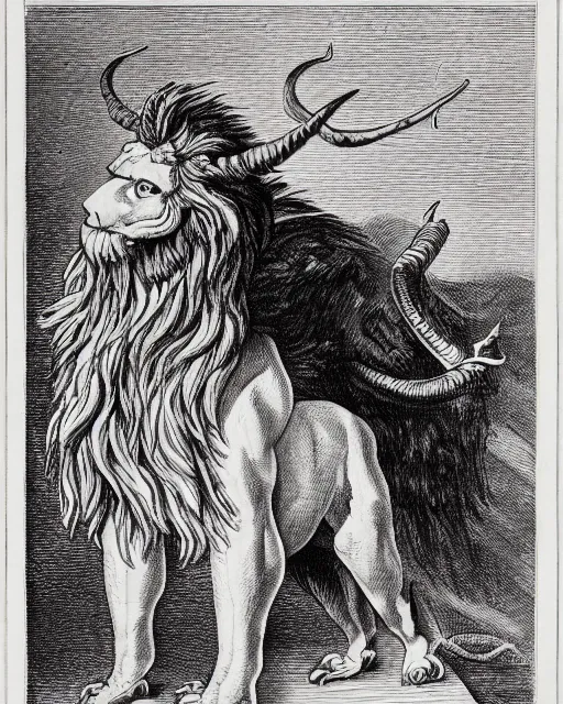 Image similar to a creature with the body and eyes of a man, with the beak of an eagle, the mane of a lion, and the horns of an ox. drawn by francis bacon