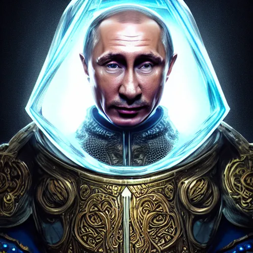 Prompt: a portrait of stupid putin magician in glass armor releasing spell, full height, moving forward, cyberpunk concept art, trending on artstation, highly detailed, intricate, sharp focus, digital art, 8 k