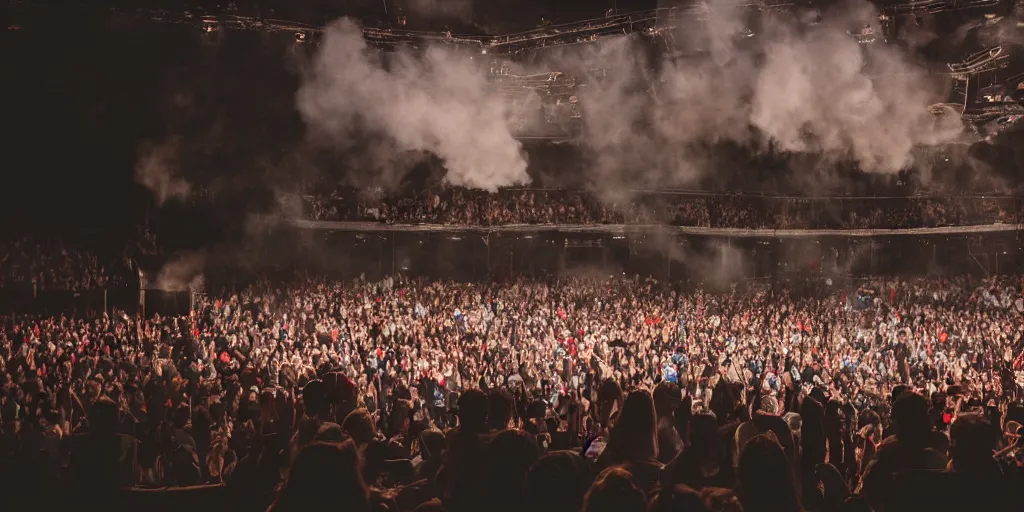 Image similar to groups of people in front of a stage, from behind, wide angle, smoke, highly detailed, beautiful lighting