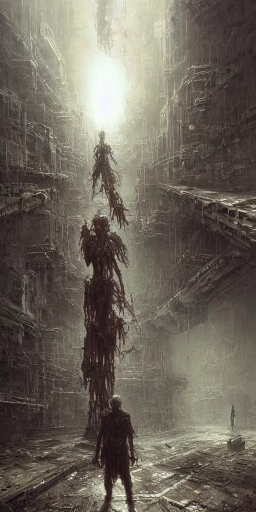 Image similar to lost and alone in an industrial cyberpunk wasteland by gustave dore and gustave moreau and beksinski and giger and craig mullins and jeremy mann