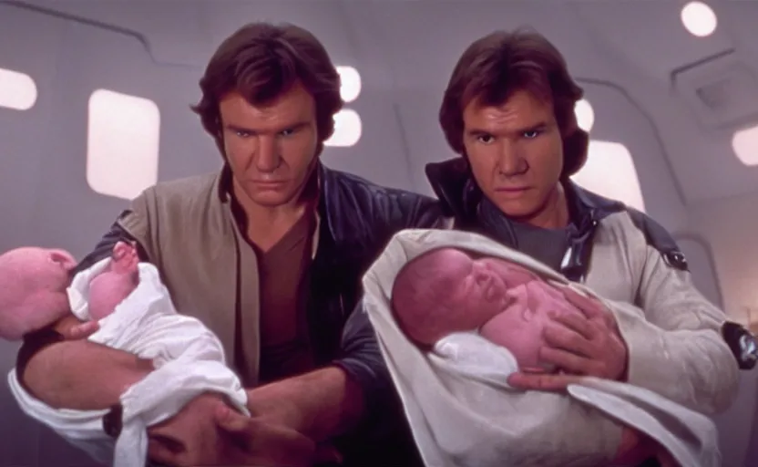 Image similar to screenshot of Han Solo with Leia Organa holding a new born baby in a swaddle, sci fi nursing home architecture, iconic scene from 1980s film by Stanley Kubrick, 4k, cinematic still frame, surreal sci fi architecture, photoreal, detailed face, moody lighting, stunning cinematography, hyper detailed, sharp, anamorphic lenses, kodak color film stock