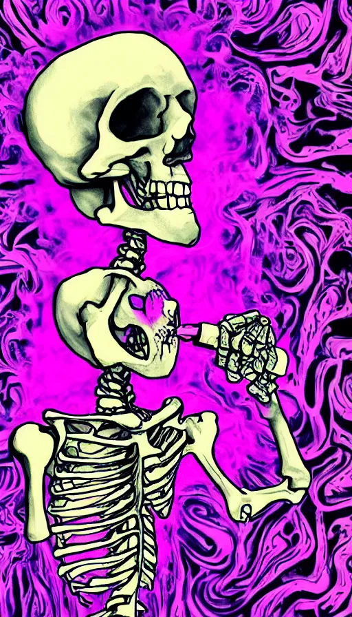 Prompt: skeleton vaping with psychedelic background