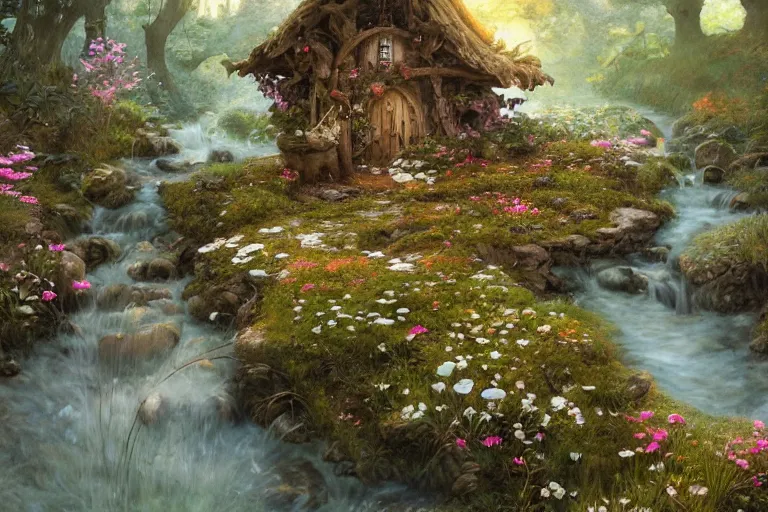 Image similar to wide angle view, a beautiful digital painting of a fairy house made of rocks in a stream, flowers, beautiful tranquil day, by greg rutkowski, brian froud, peter mohry, jean - baptiste monge, and alphonse mucha, symmetry, complementary colors, ink illustration, trending on artstation