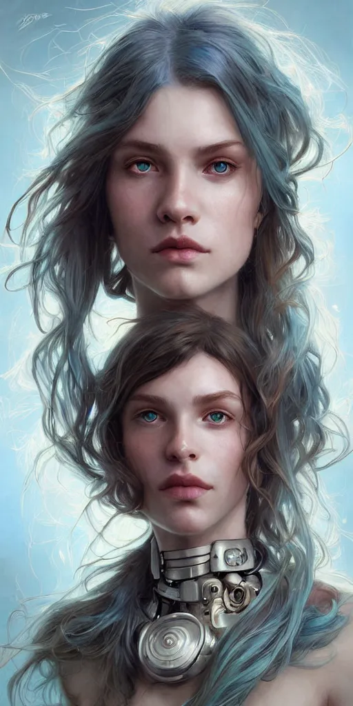 Image similar to portrait of a young ruggedly beautiful but joyful cyborg, female, femenine, upper body, aquamarine color hair, long hair, d & d, fantasy, piercing eyes, intricate, elegant, highly detailed, digital painting, artstation, concept art, matte, sharp focus, illustration, art by artgerm and greg rutkowski and alphonse mucha