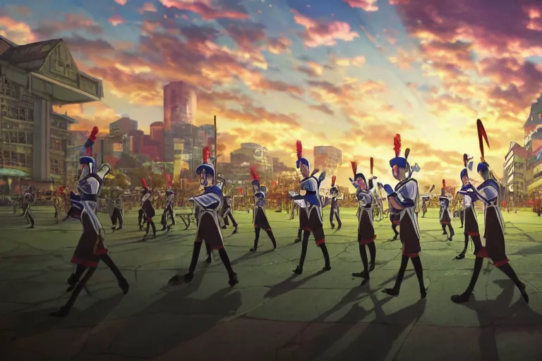 Image similar to anime key visual of a marching band in the middle of a fantasy city in the style of studio ghibli, moebius, makoto shinkai, dramatic volumetric lighting